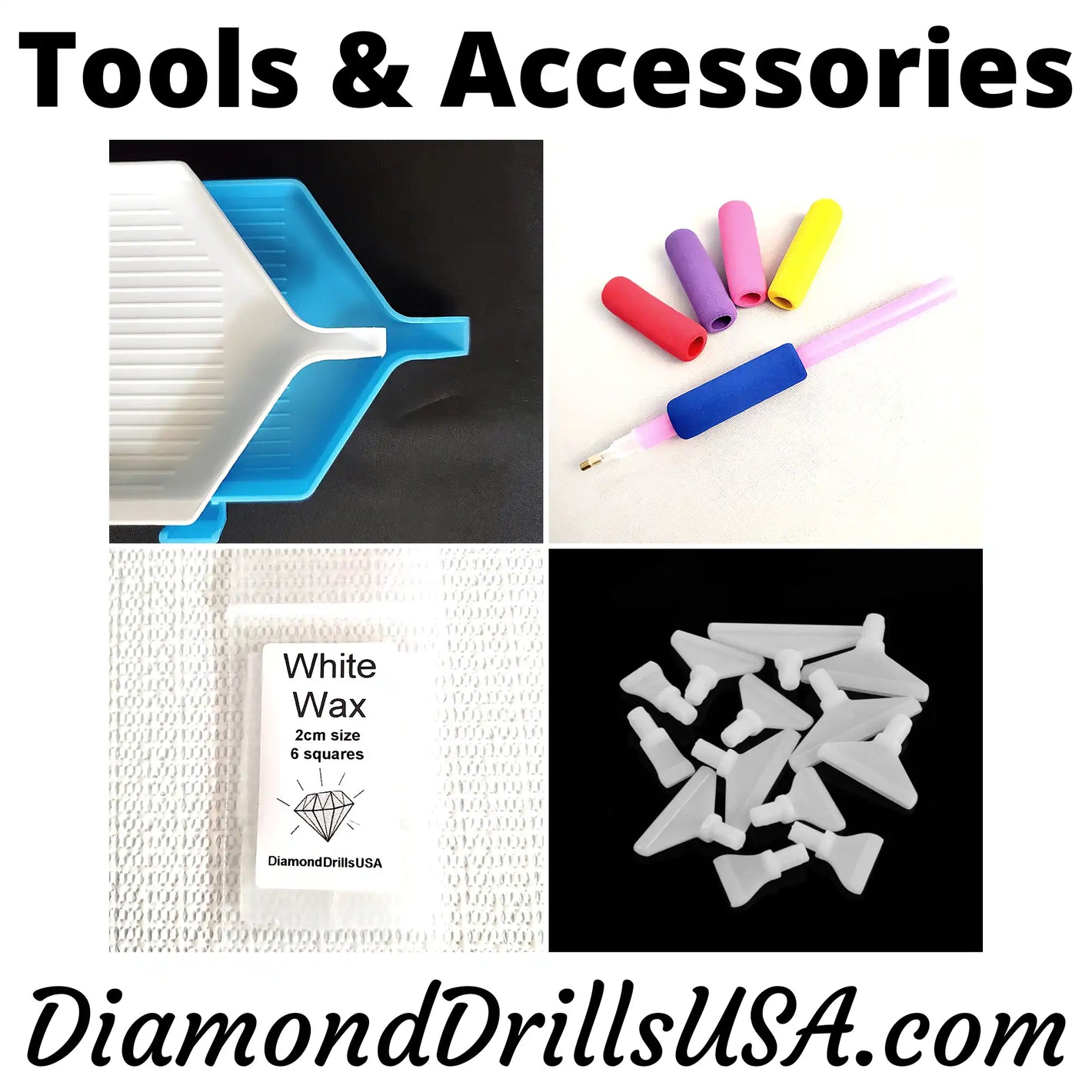 Diamond painting tools and accessories.