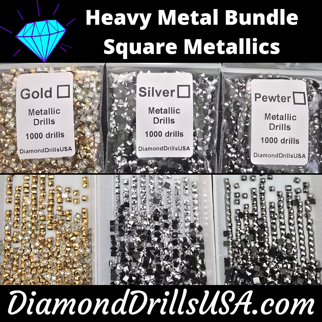 Heavy Metal Bundle 3 Metallic SQUARE Drills Gold Silver Pewter Diamond Painting Drills Beads